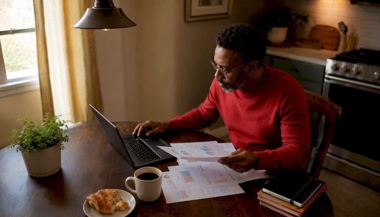 Investor researching dividend brokers at desk