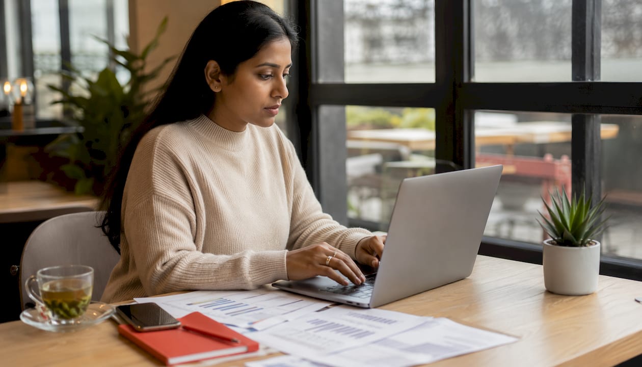 Hands typing on laptop with dividend reports
