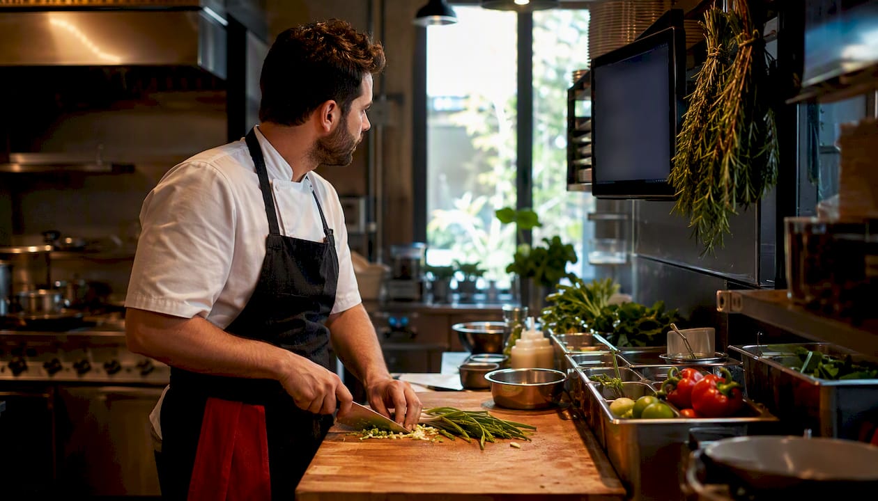 Chef using kitchen display system in commercial kitchen