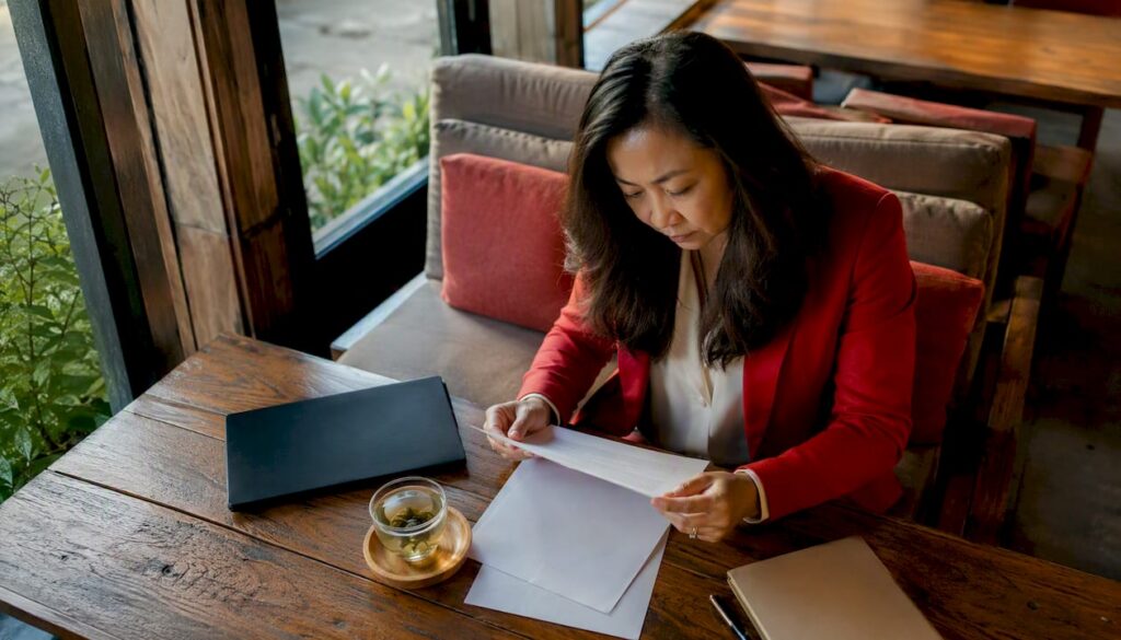 Entrepreneur reviewing franchise agreement in home office