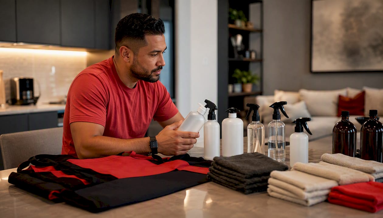 Man arranging branded cleaning supplies in home office