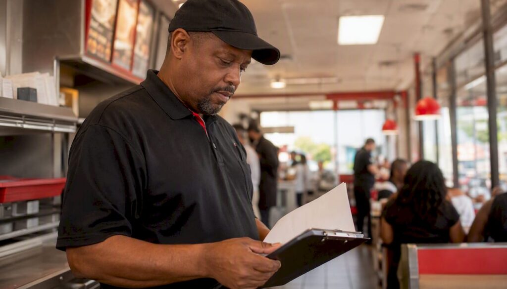 Manager reviewing drive-thru AI reports outdoors