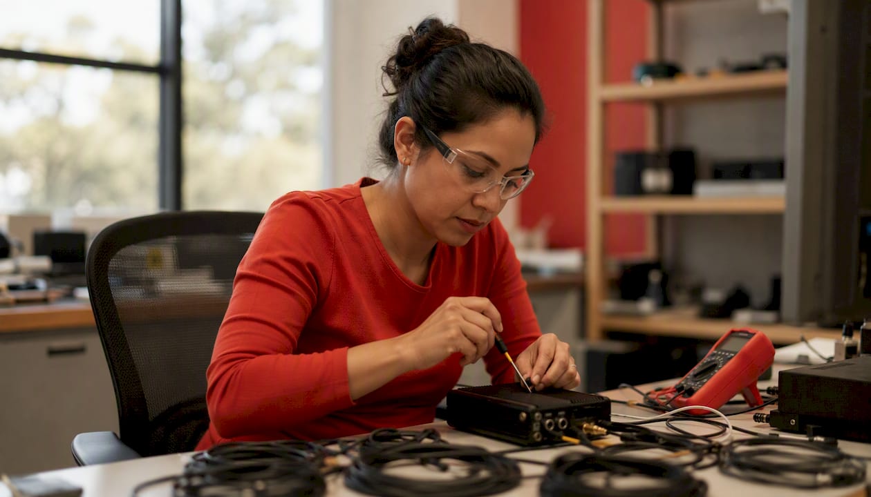 Engineer adjusting voice AI hardware in lab