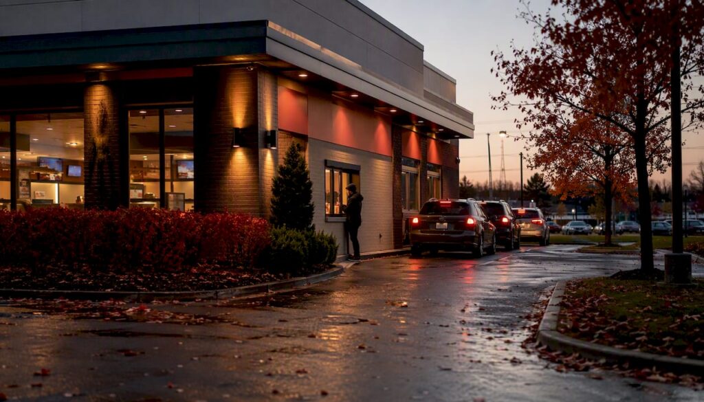 Franchised fast food restaurant exterior at dusk