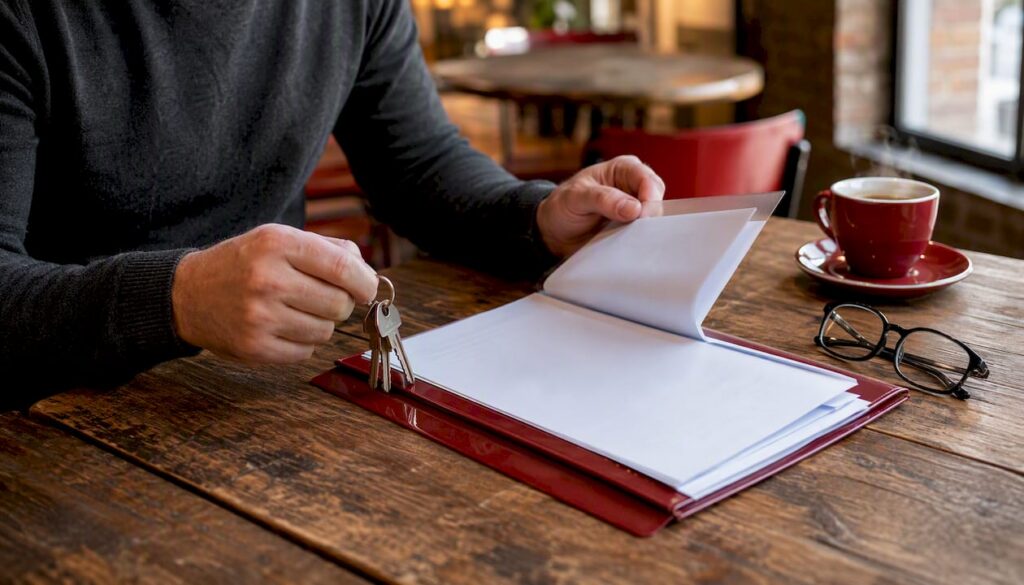 Hands arranging lease agreement and keys on desk