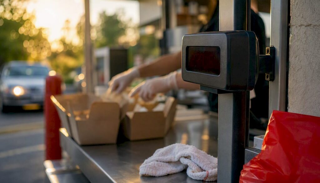 Drive-thru timer and food packaging close-up
