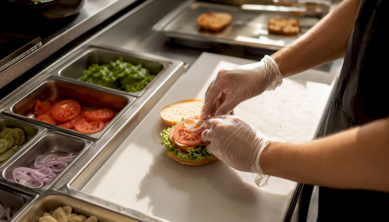 Hands assembling burger in kitchen