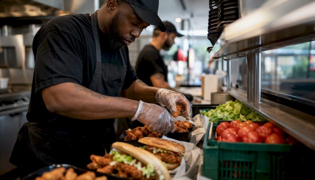 Cook portioning chicken wings in fast food kitchen