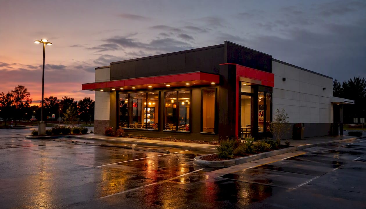 Fast food restaurant exterior at dusk
