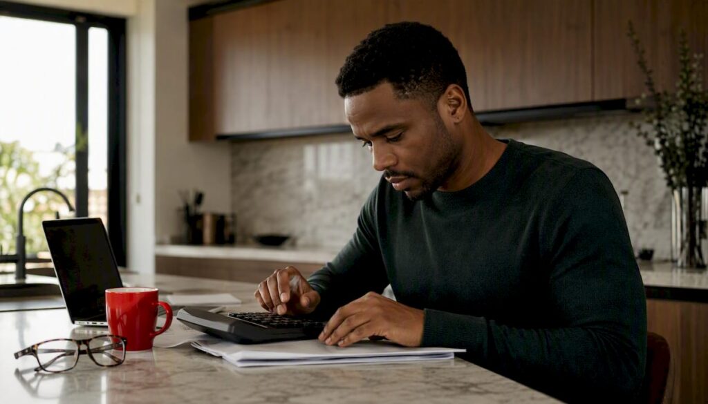 Investor desk with financial tools and laptop