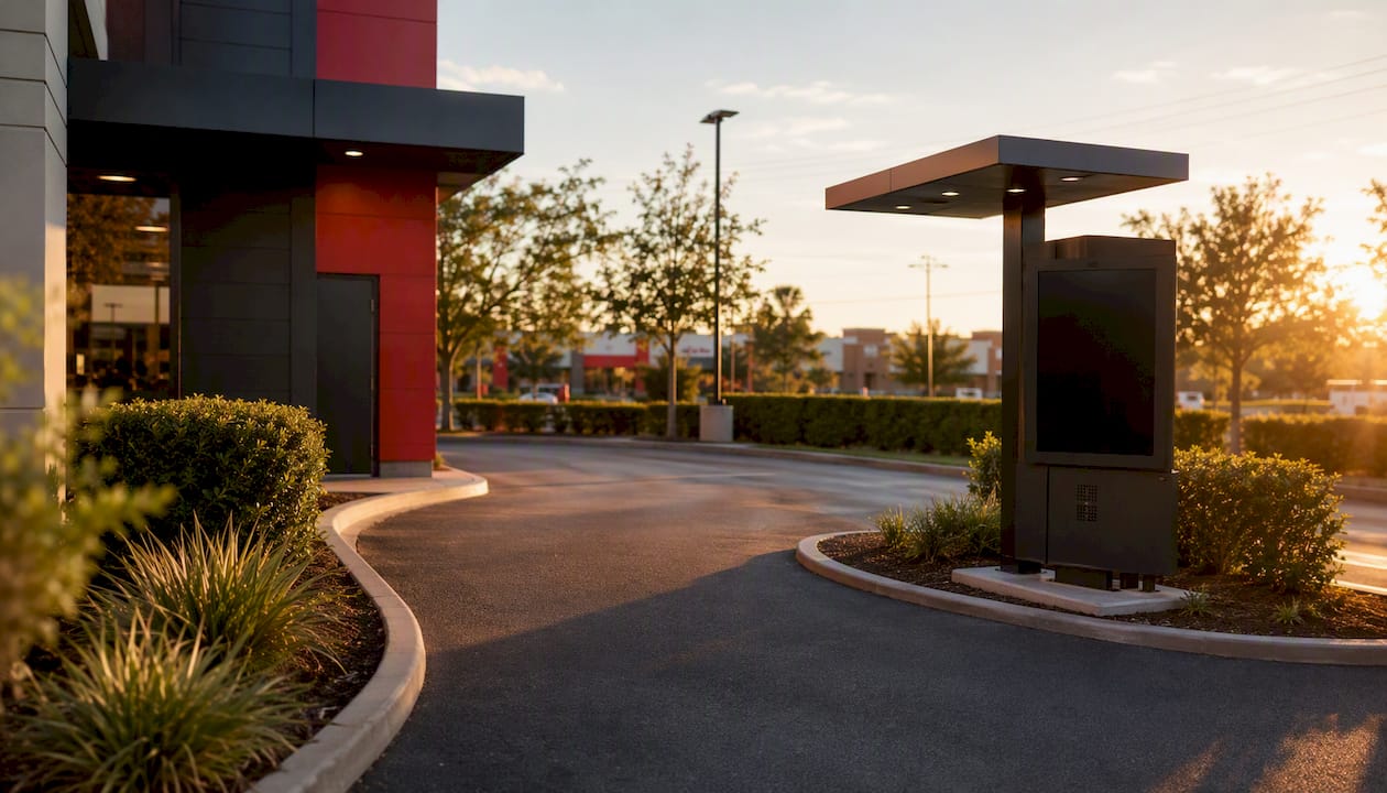 Franchised Wendy's fast food drive-thru lane exterior
