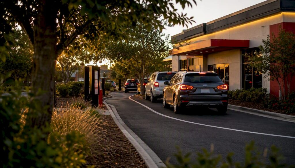 Busy drive-thru lane with vehicle queue