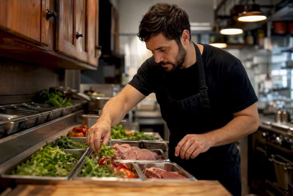 Chef portioning ingredients in fast food kitchen