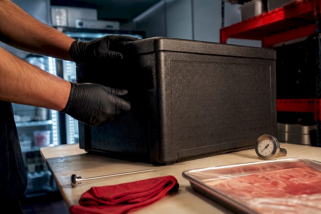 Anonymous beef delivery crate in refrigerated prep room