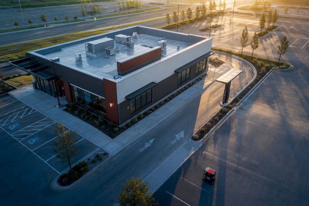 Anonymous franchised restaurant property at dawn