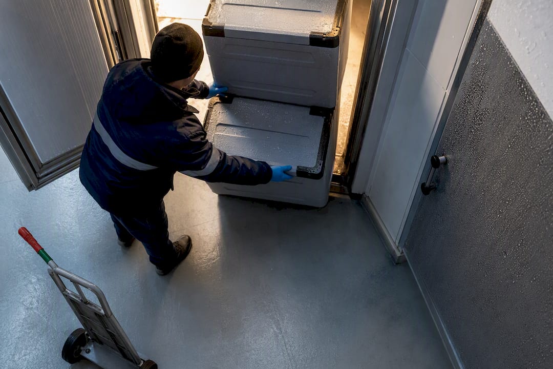 Chilled crates moving through cold storage