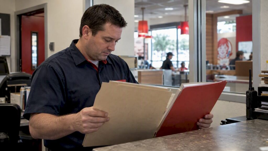 Wendy's franchise operator reviewing filing folders